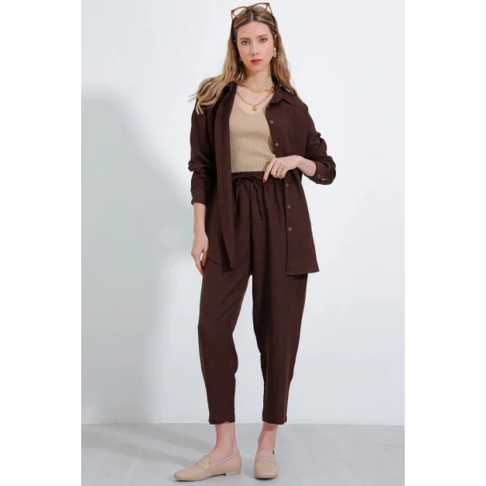 Kahverengi Oversize Keten Alt Üst Takım 6622