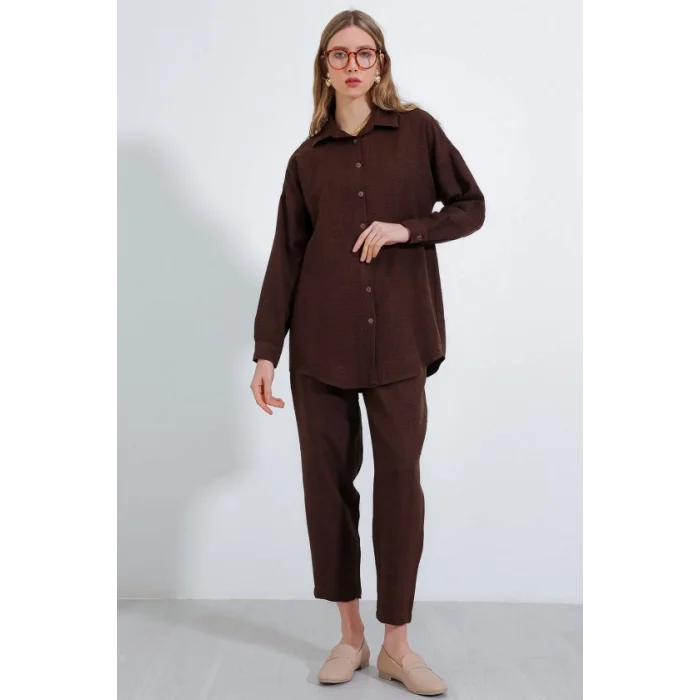 Kahverengi Oversize Keten Alt Üst Takım 6622
