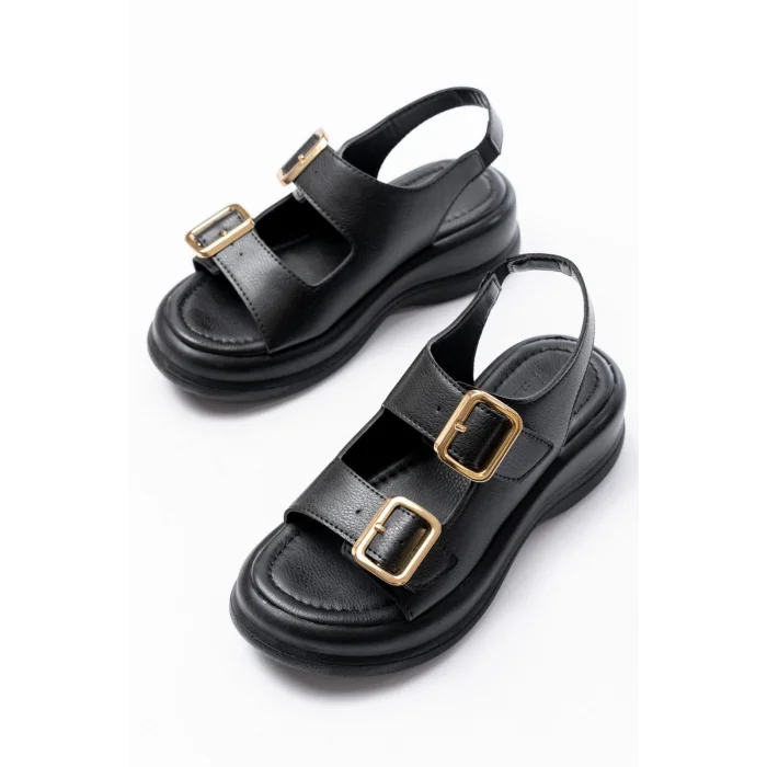 Kaji Siyah Cilt Çift Tokalı Sandalet