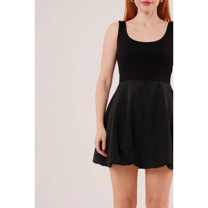 Kalın Askılı Balon Etek Siyah Mini Elbise