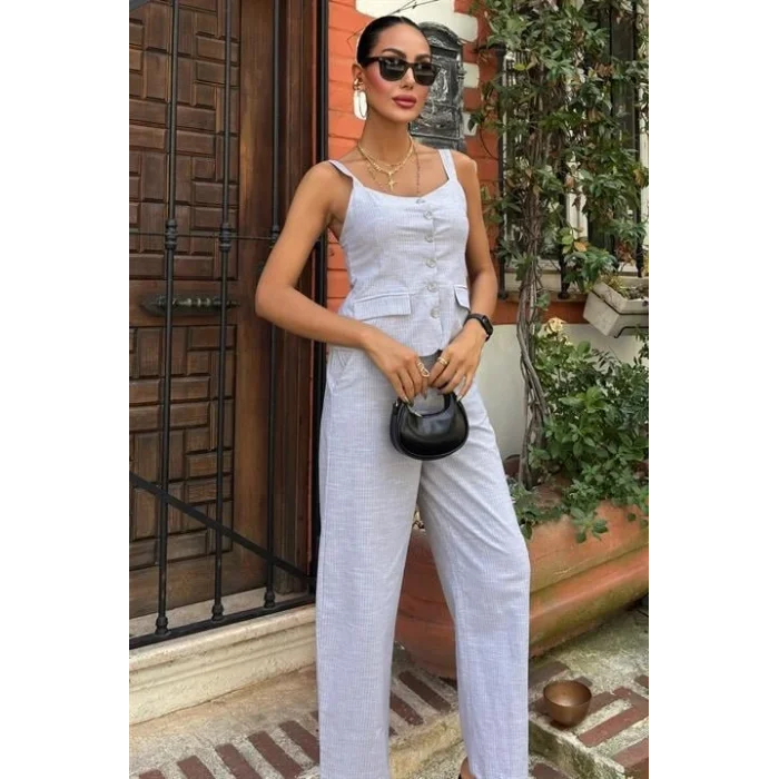 Kalın Askılı Bluz Pantolon Keten Takım 10187