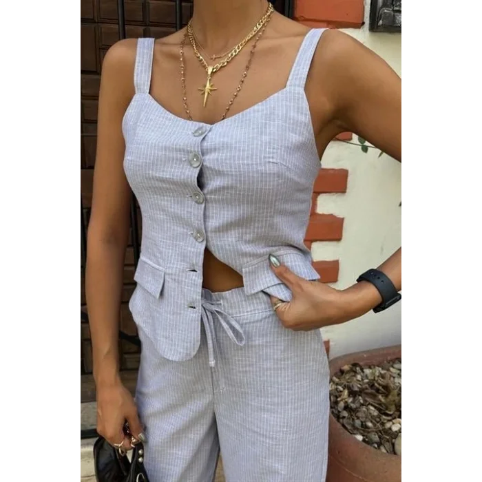 Kalın Askılı Bluz Pantolon Keten Takım 10187