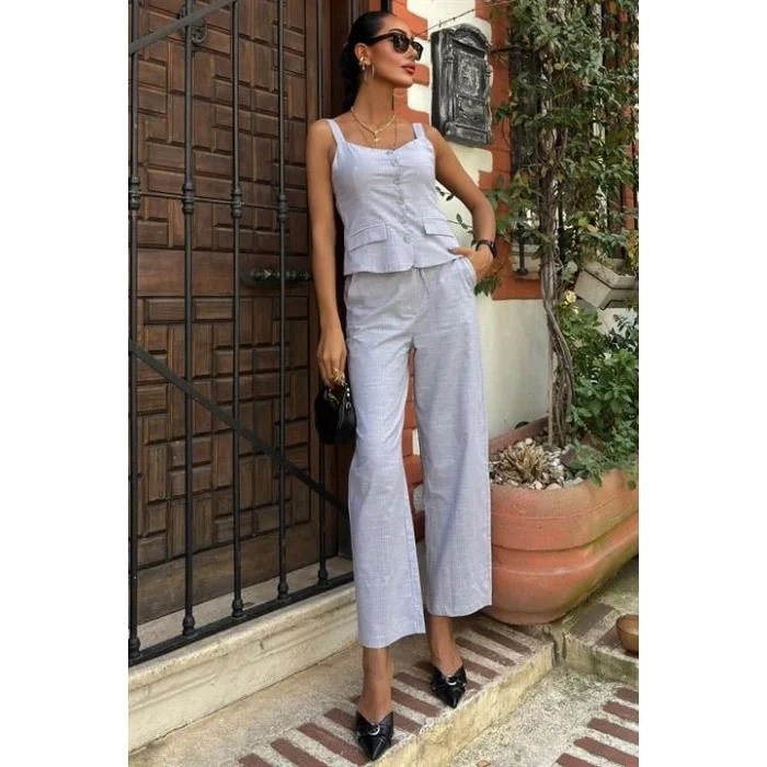 Kalın Askılı Bluz Pantolon Keten Takım 10187
