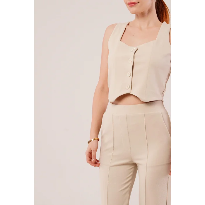 Kalın Askılı Düğmeli Yelek Ve Pantolon Bej Takım