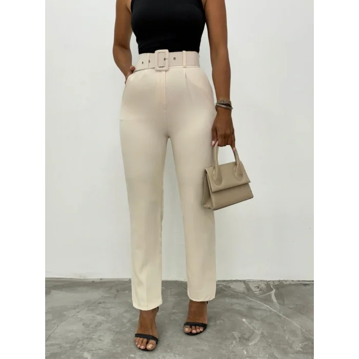 Kalın Kemerli Kumaş Pantalon    -Bej