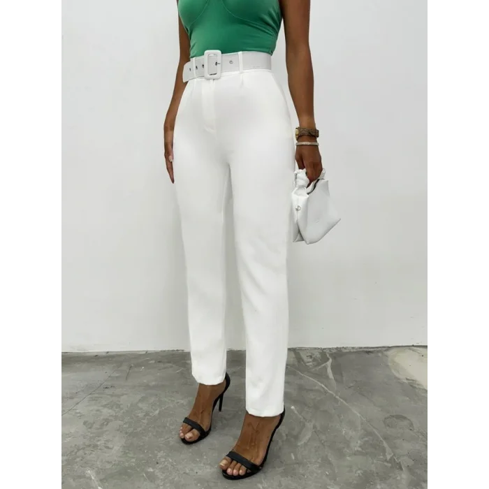 Kalın Kemerli Kumaş Pantalon   -Ekru