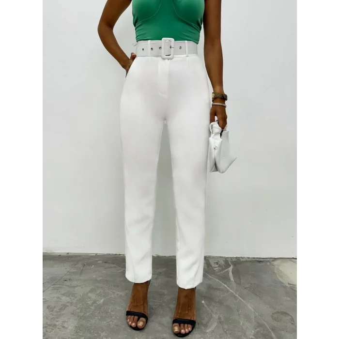 Kalın Kemerli Kumaş Pantalon   -Ekru