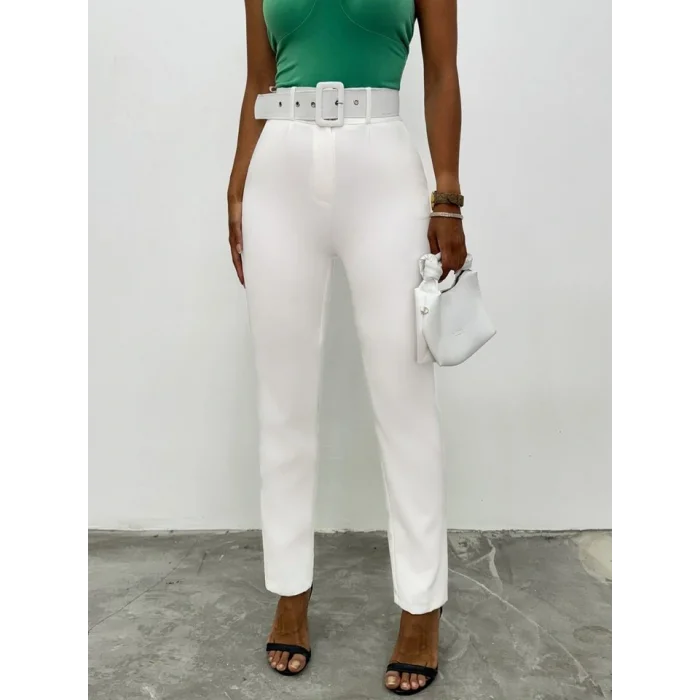 Kalın Kemerli Kumaş Pantalon   -Ekru