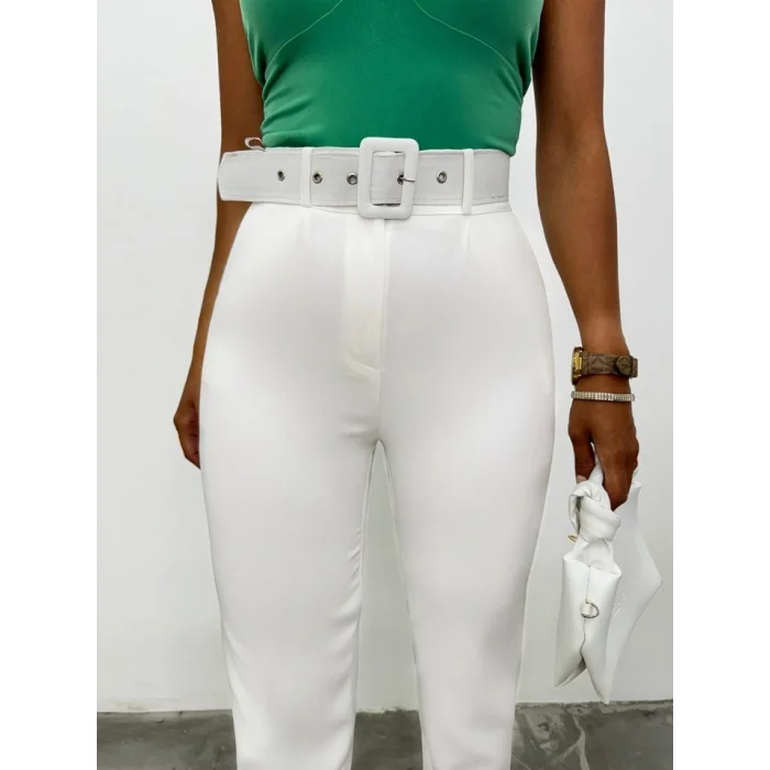 Kalın Kemerli Kumaş Pantalon   -Ekru