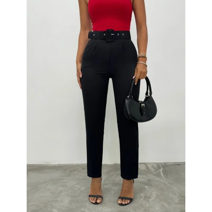 Kalın Kemerli Kumaş Pantalon  -Siyah