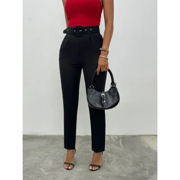 Kalın Kemerli Kumaş Pantalon  -Siyah