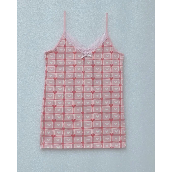 Kalp Desenli Askılı Dantelli Atlet -Pudra