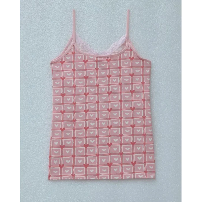 Kalp Desenli Askılı Dantelli Atlet -Pudra