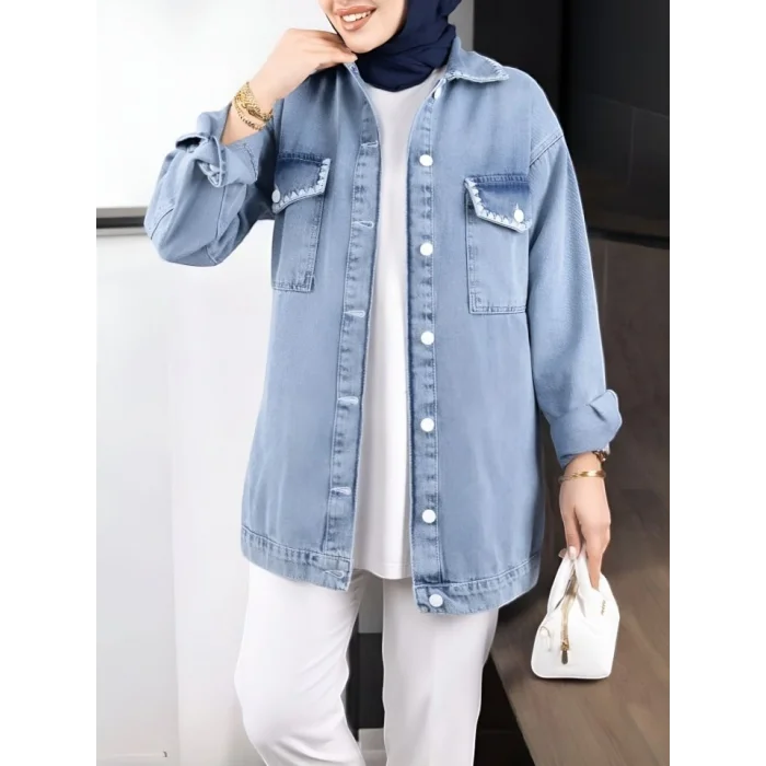 Kapaklı Cepli Puntolu Kot Ceket -Buz Mavi