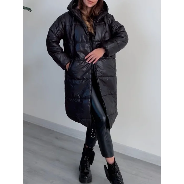 Kapşonlu Bağcık Detaylı Fermuarlı Şişme Mont -Siyah