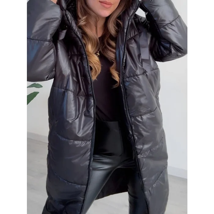 Kapşonlu Bağcık Detaylı Fermuarlı Şişme Mont -Siyah