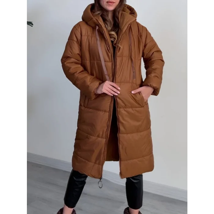 Kapşonlu Bağcık Detaylı Fermuarlı Şişme Mont -Taba