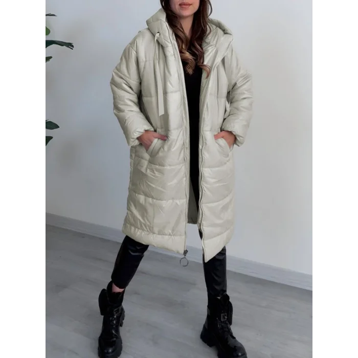 Kapşonlu Bağcık Detaylı Fermuarlı Şişme Mont -Taş