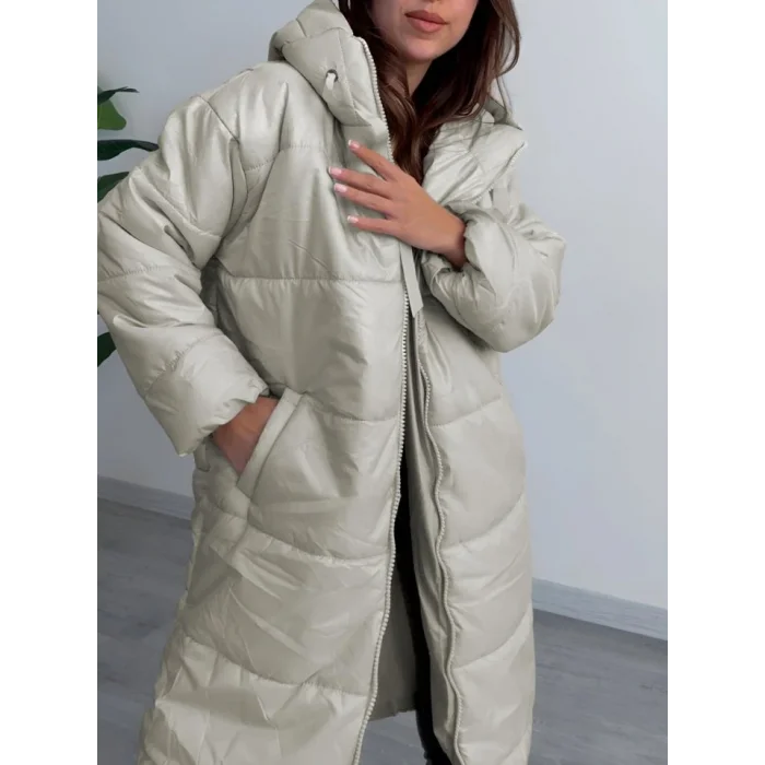 Kapşonlu Bağcık Detaylı Fermuarlı Şişme Mont -Taş