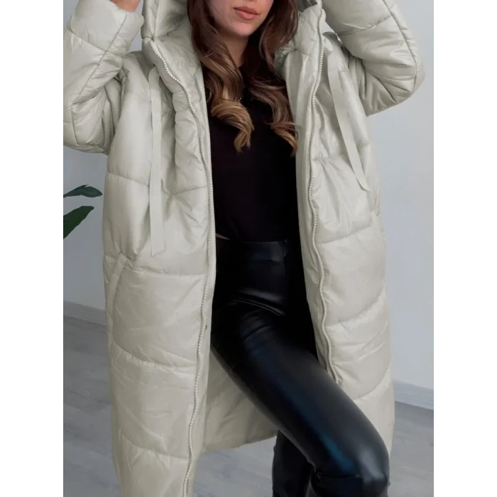 Kapşonlu Bağcık Detaylı Fermuarlı Şişme Mont -Taş