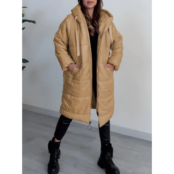 Kapşonlu Bağcık Detaylı Fermuarlı Şişme Mont -Vizon