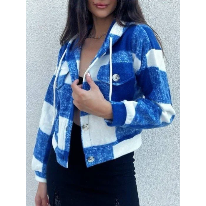 Kapşonlu Ekose Polar Crop Ceket -Mavi