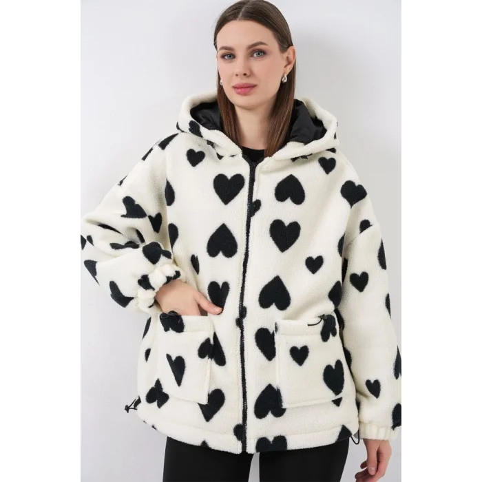 Kapüşonlu Peluş Ceket 5236 - Ekru