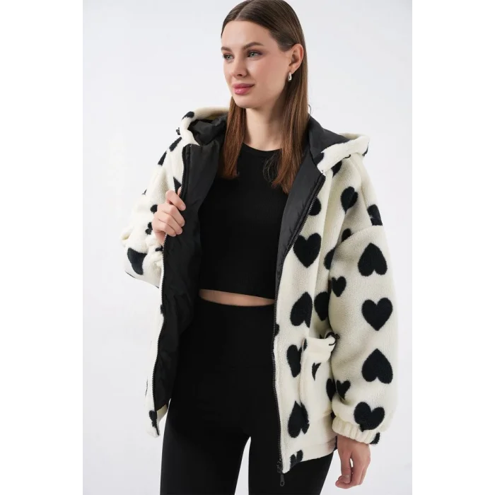 Kapüşonlu Peluş Ceket 5236 - Ekru