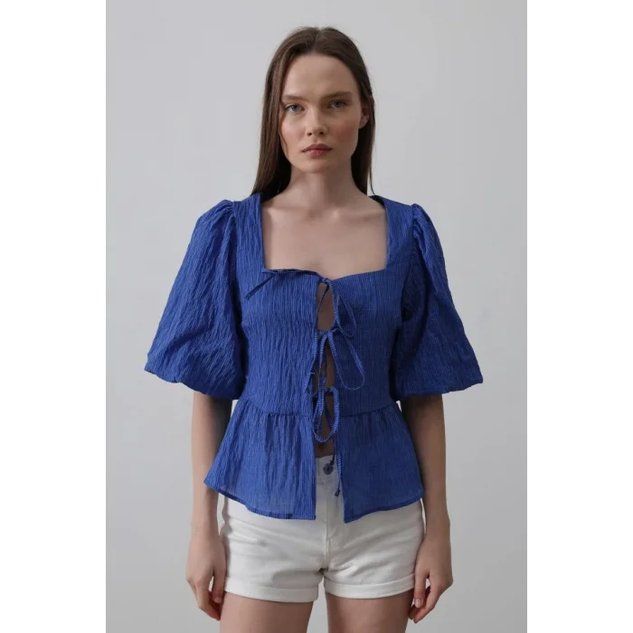 Kare Yaka Balon Kol Bluz - Mavi