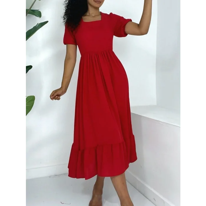 Kare Yaka Beli Lastikli Kısa Kol Ayrobin Elbise -Kırmızı
