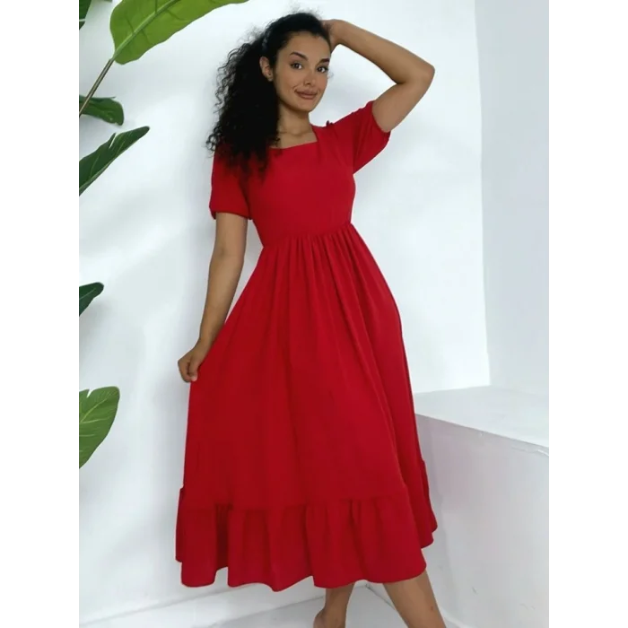 Kare Yaka Beli Lastikli Kısa Kol Ayrobin Elbise -Kırmızı