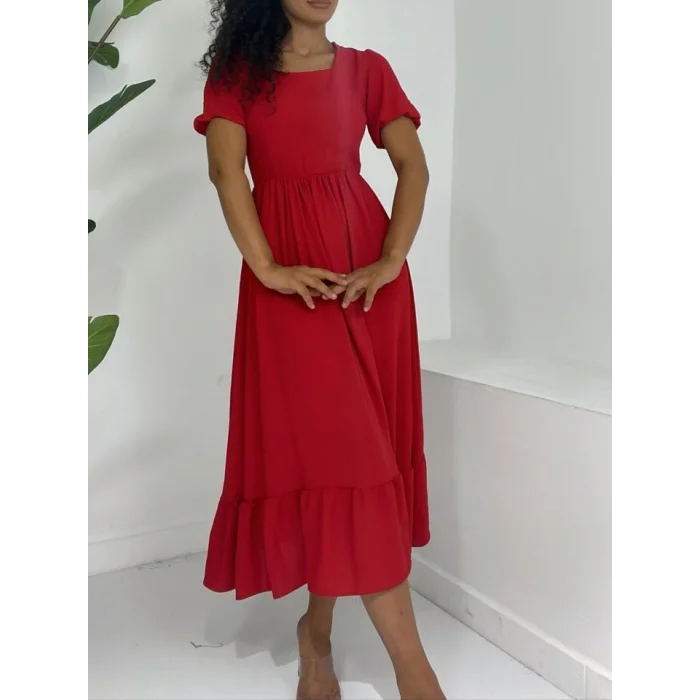 Kare Yaka Beli Lastikli Kısa Kol Ayrobin Elbise -Kırmızı
