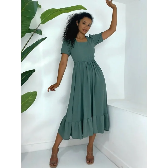 Kare Yaka Beli Lastikli Kısa Kol Ayrobin Elbise -Mint