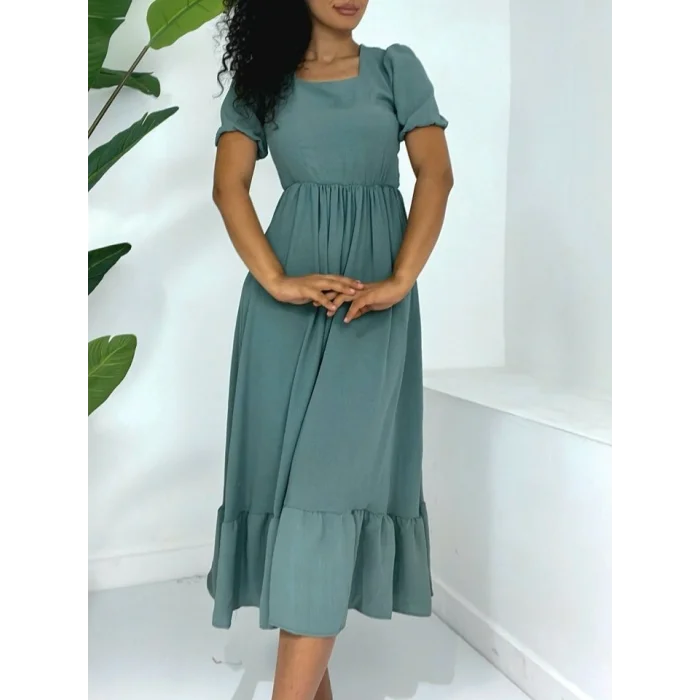 Kare Yaka Beli Lastikli Kısa Kol Ayrobin Elbise -Mint