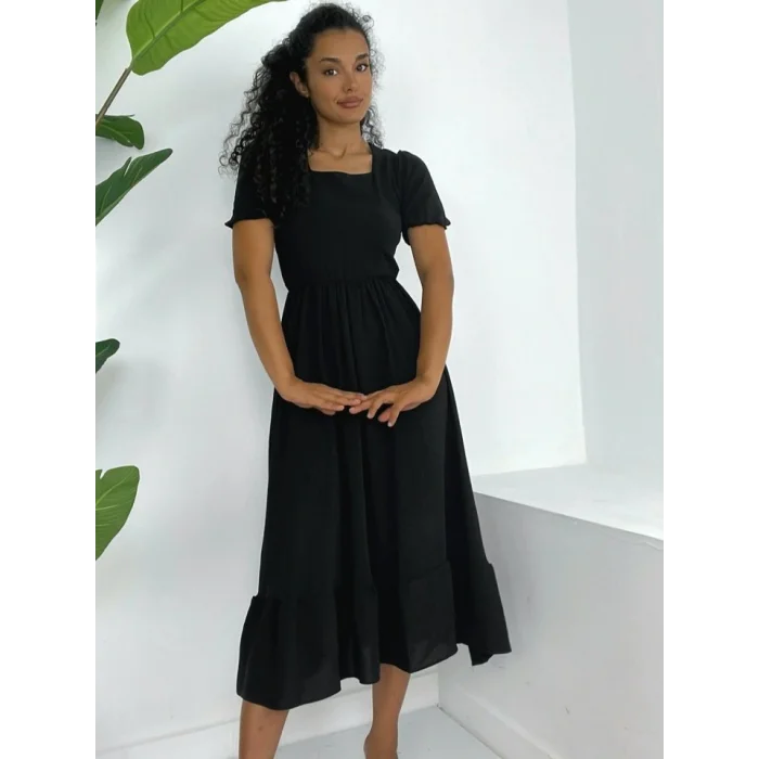 Kare Yaka Beli Lastikli Kısa Kol Ayrobin Elbise -Siyah