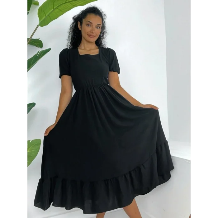 Kare Yaka Beli Lastikli Kısa Kol Ayrobin Elbise -Siyah
