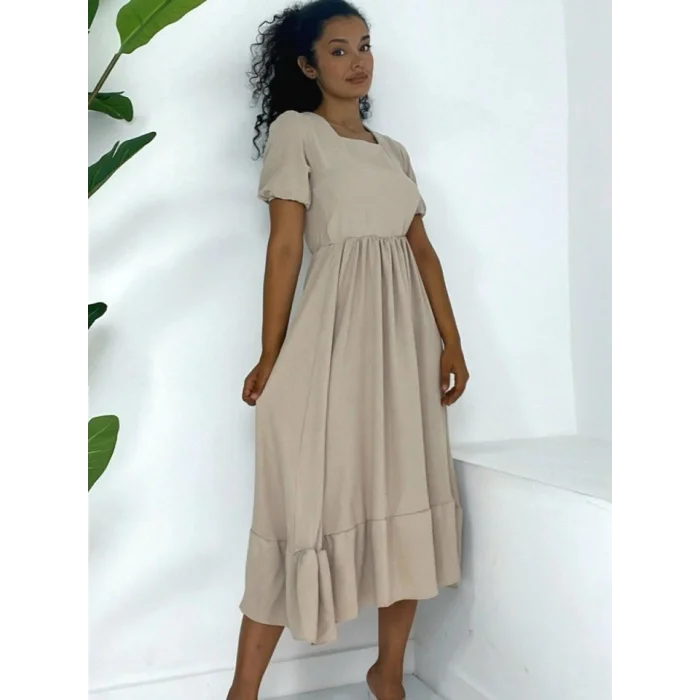 Kare Yaka Beli Lastikli Kısa Kol Ayrobin Elbise -Vizon