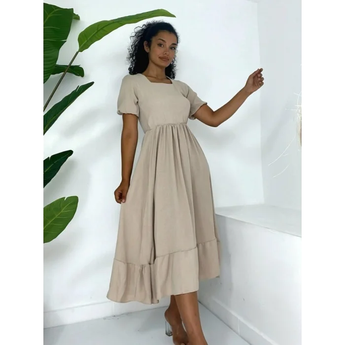 Kare Yaka Beli Lastikli Kısa Kol Ayrobin Elbise -Vizon