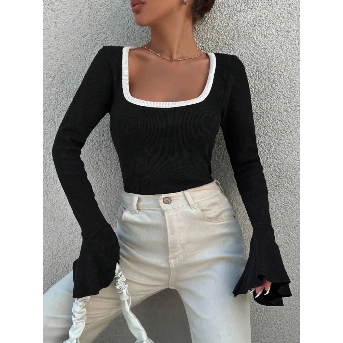 Kare yaka garni detay ispanyol kol bluz siyah a3105