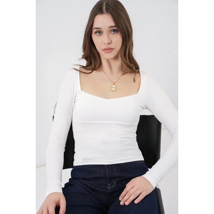 Kare Yaka Slim Fit Bluz 986 - Beyaz