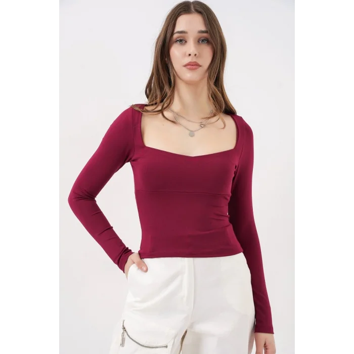 Kare Yaka Slim Fit Bluz 986 - Bordo