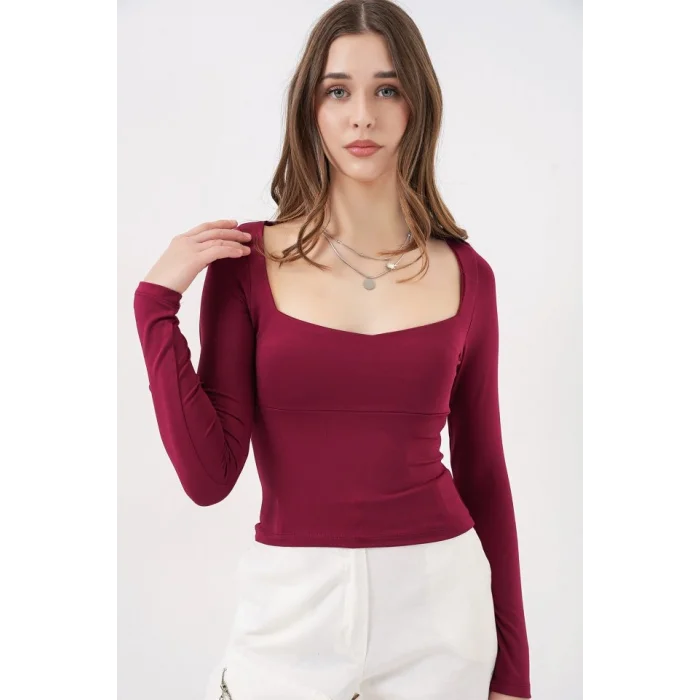 Kare Yaka Slim Fit Bluz 986 - Bordo