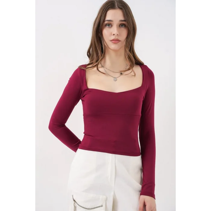 Kare Yaka Slim Fit Bluz 986 - Bordo