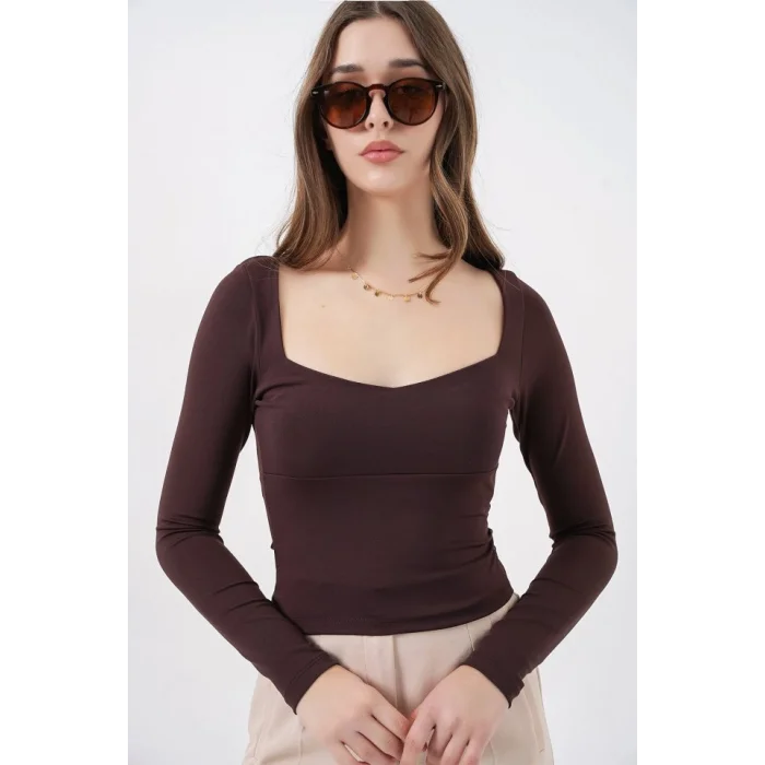 Kare Yaka Slim Fit Bluz 986 - Kahverengi