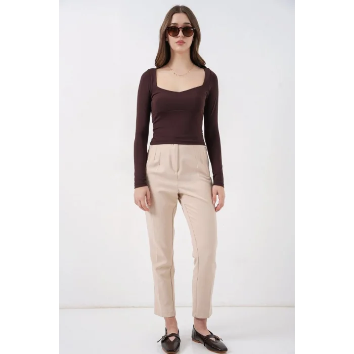 Kare Yaka Slim Fit Bluz 986 - Kahverengi