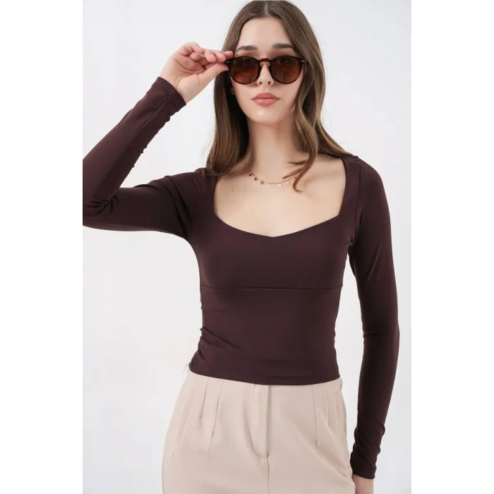 Kare Yaka Slim Fit Bluz 986 - Kahverengi