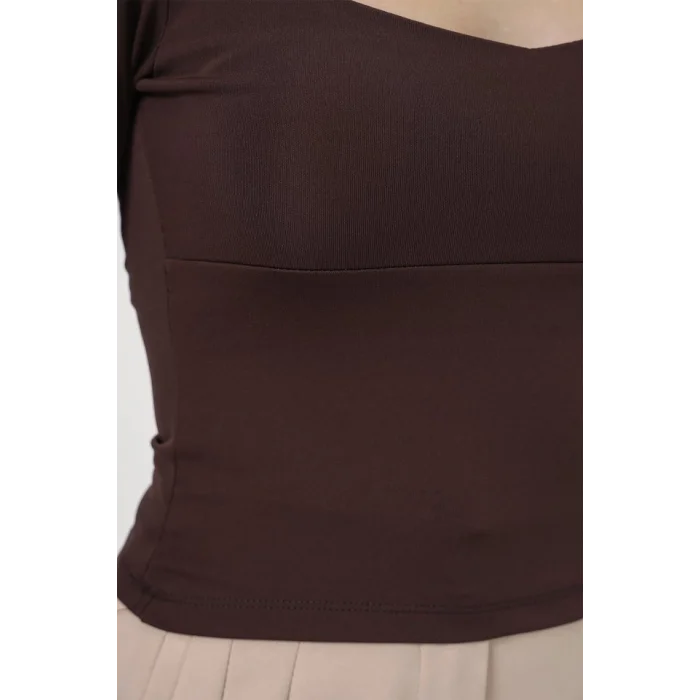 Kare Yaka Slim Fit Bluz 986 - Kahverengi