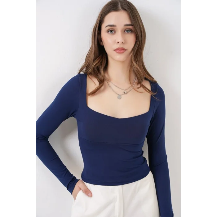 Kare Yaka Slim Fit Bluz 986 - Lacivert