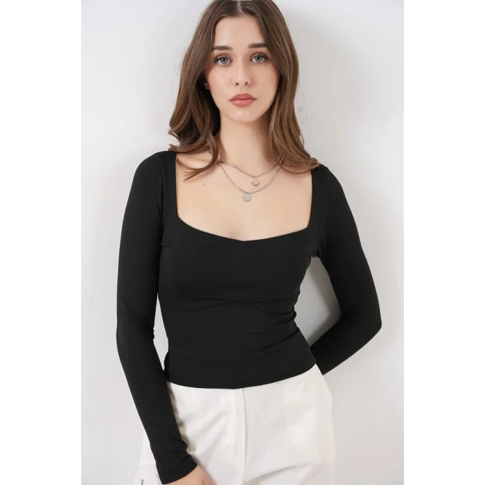 Kare Yaka Slim Fit Bluz 986 - Siyah