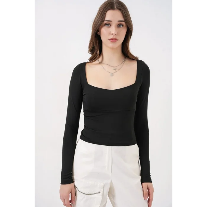 Kare Yaka Slim Fit Bluz 986 - Siyah